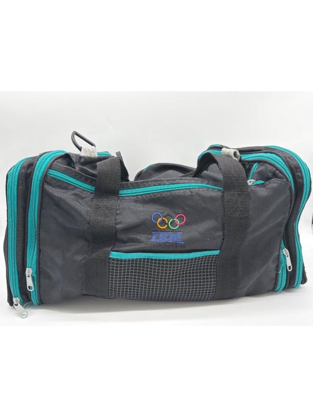 IBM Olympics Black Duffel Bag With Teal Zippers & Multiple Compartments